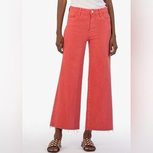 Kut from the Kloth Meg High Rise Wide Leg Frayed Hem Coral Red Size 8